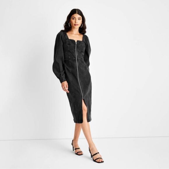 Puff Long Sleeve Zip-Front Denim A-Line Dress - Future Collective - Picture 1 of 5
